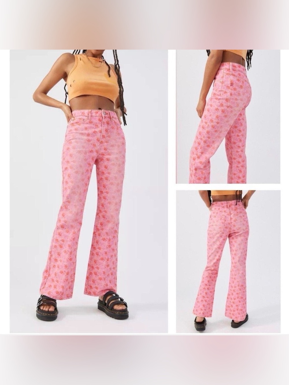 BDG Urban Outfitters UO Womens High-Rise Flare Jeans Pink Retro Floral Denim 28